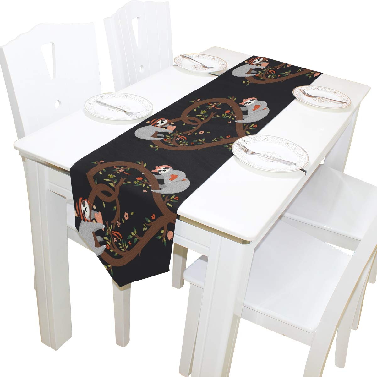 AUUXVA 13x70 Inches Long Table Runner - Cute Sloth & Floral Pattern Polyester Tablecloth for Dining, Kitchen, Coffee Table - Perfect for Home Decor, Parties, Banquets & Holiday Celebrations