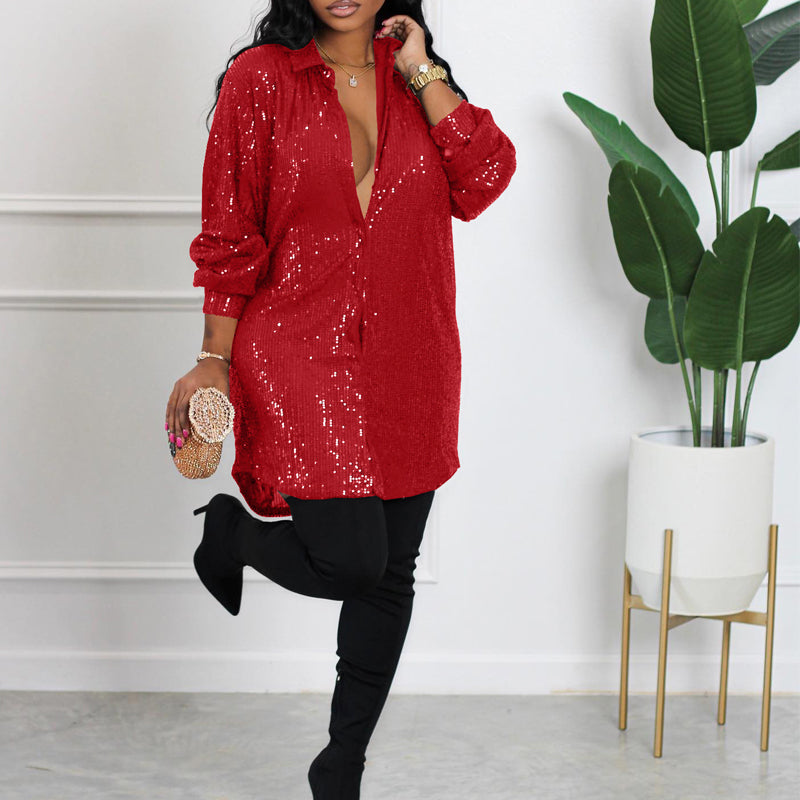 Elegant Solid Color Sequined Loose Shirt Dress for Women - Perfect for Parties, Weddings & Evening Events