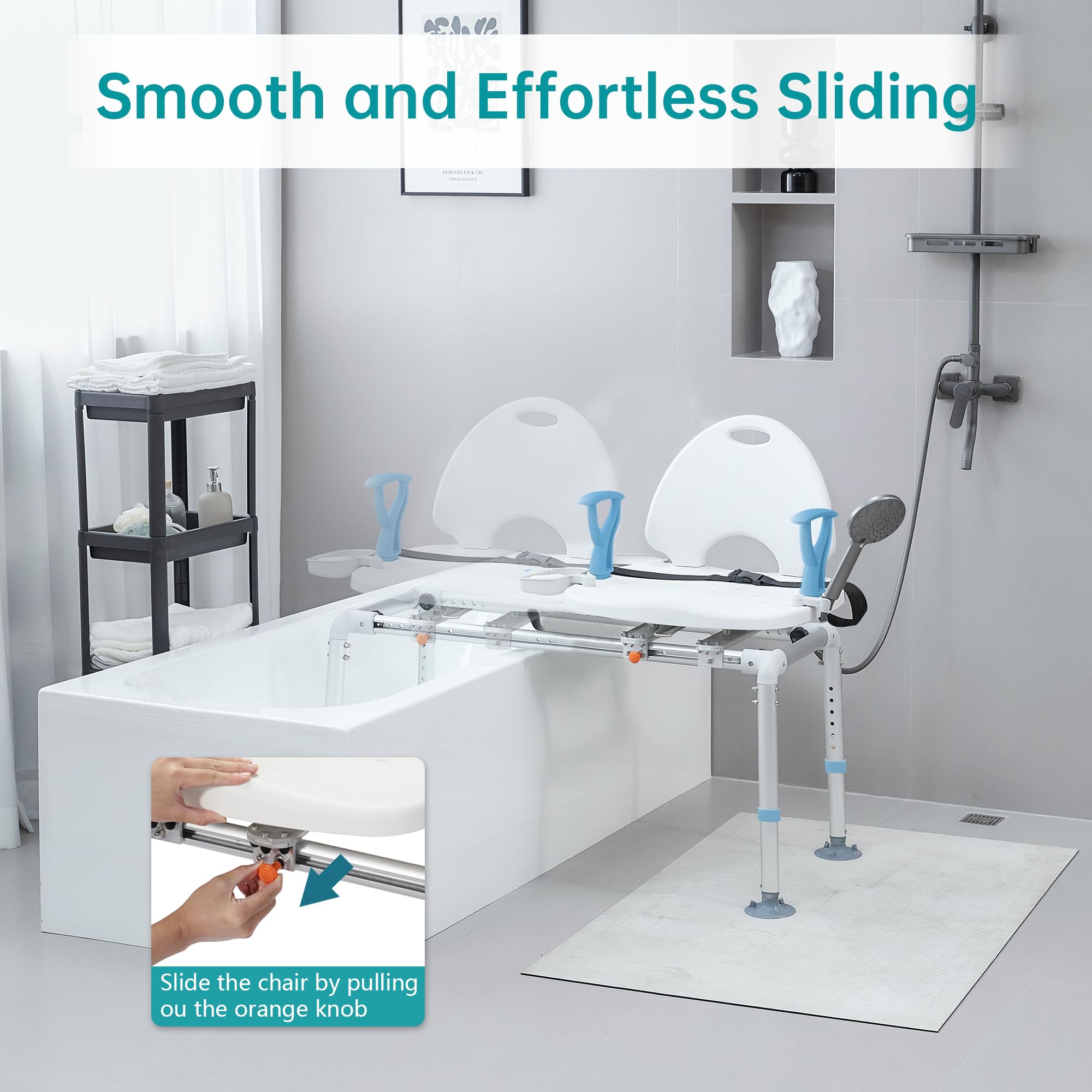 ELENKER Heavy Duty Sliding Shower Chair with Swivel Seat - Rotating Bathtub Transfer Bench for Elderly & Disabled - Non-Slip Suction Cup Bath Safety Seat - Ideal for Mobility Assistance & Bathroom Safety