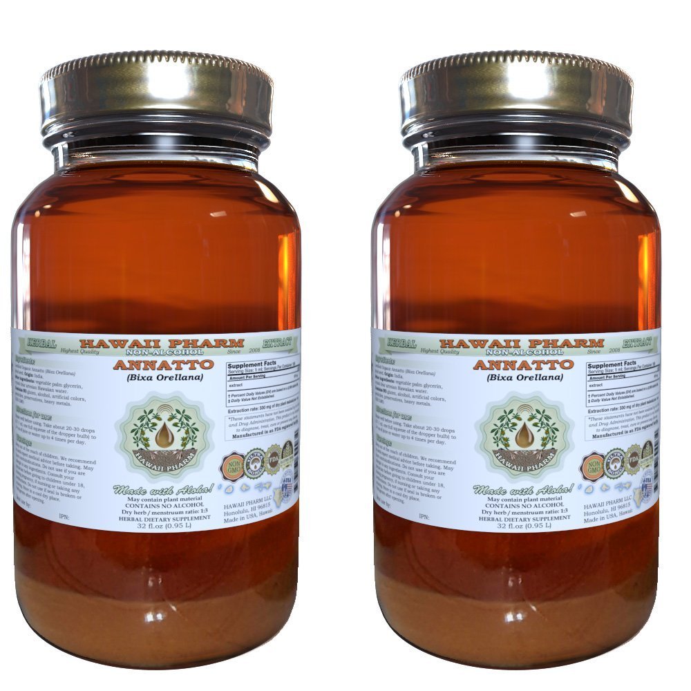 Organic Annatto Seed Alcohol-Free Liquid Extract (Bixa Orellana) - Natural Herbal Supplement by Hawaii Pharm, 64 oz Unfiltered Glycerite - Perfect for Cooking, Skincare & Natural Dyeing