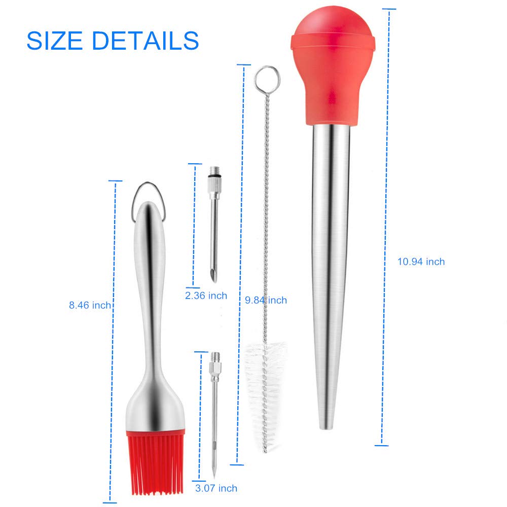 Premium Silicone Turkey Baster Set with Brush Head - Basting & Cleaning Brush Kit with 2 Flavor Injector Needles - Perfect for Thanksgiving, Christmas & Holiday Cooking - Great Gift for Home Chefs & BBQ Lovers