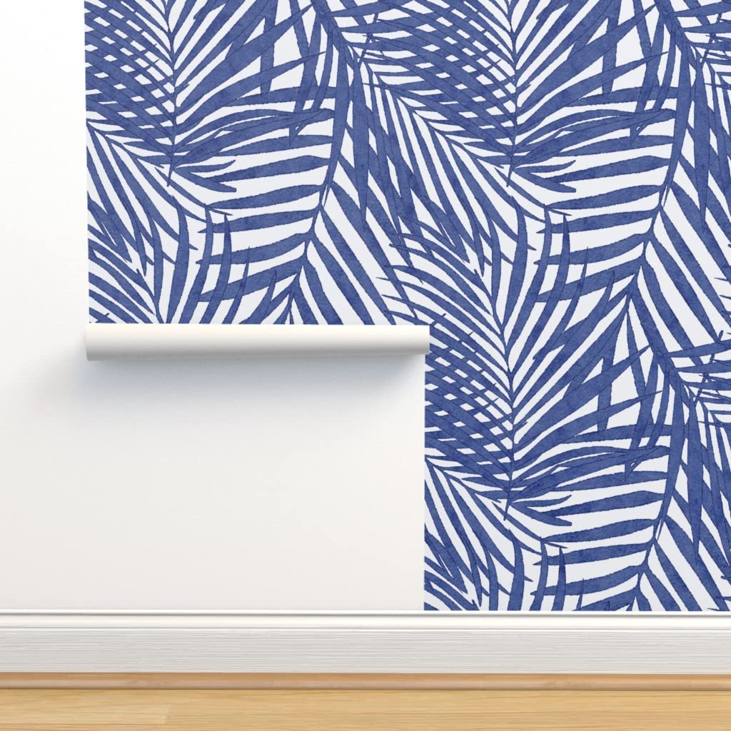 Self-Adhesive Removable Wallpaper 12ft x 2ft - Tropical Cobalt Blue Watercolor Palm Leaf Design for Bedroom, Bathroom, Nursery | Easy Peel & Stick Decor by Spoonflower | Perfect for Home, Office, Dorm Room Makeovers
