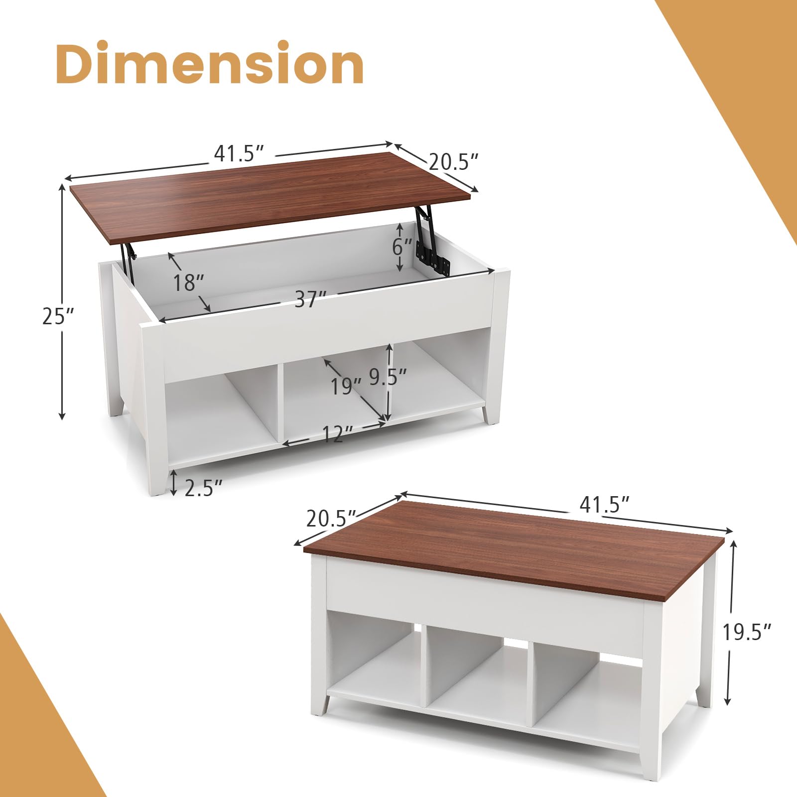 Lift Top Coffee Table with Hidden Storage Compartment & Display Shelves - Retro Style Living Room, Bedroom & Office Furniture - White & Brown Tea Dining Table for Small Spaces & Home Decor