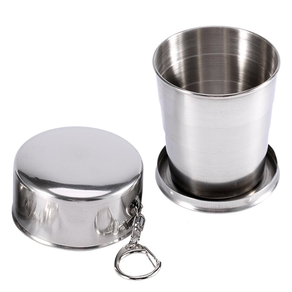 Collapsible Stainless Steel Travel Cup - 240ml Foldable Camping Cup with Keychain, Retractable & Telescopic Design for Outdoor Hiking, Backpacking, and Travel - Perfect for Coffee, Tea, or Water on the Go