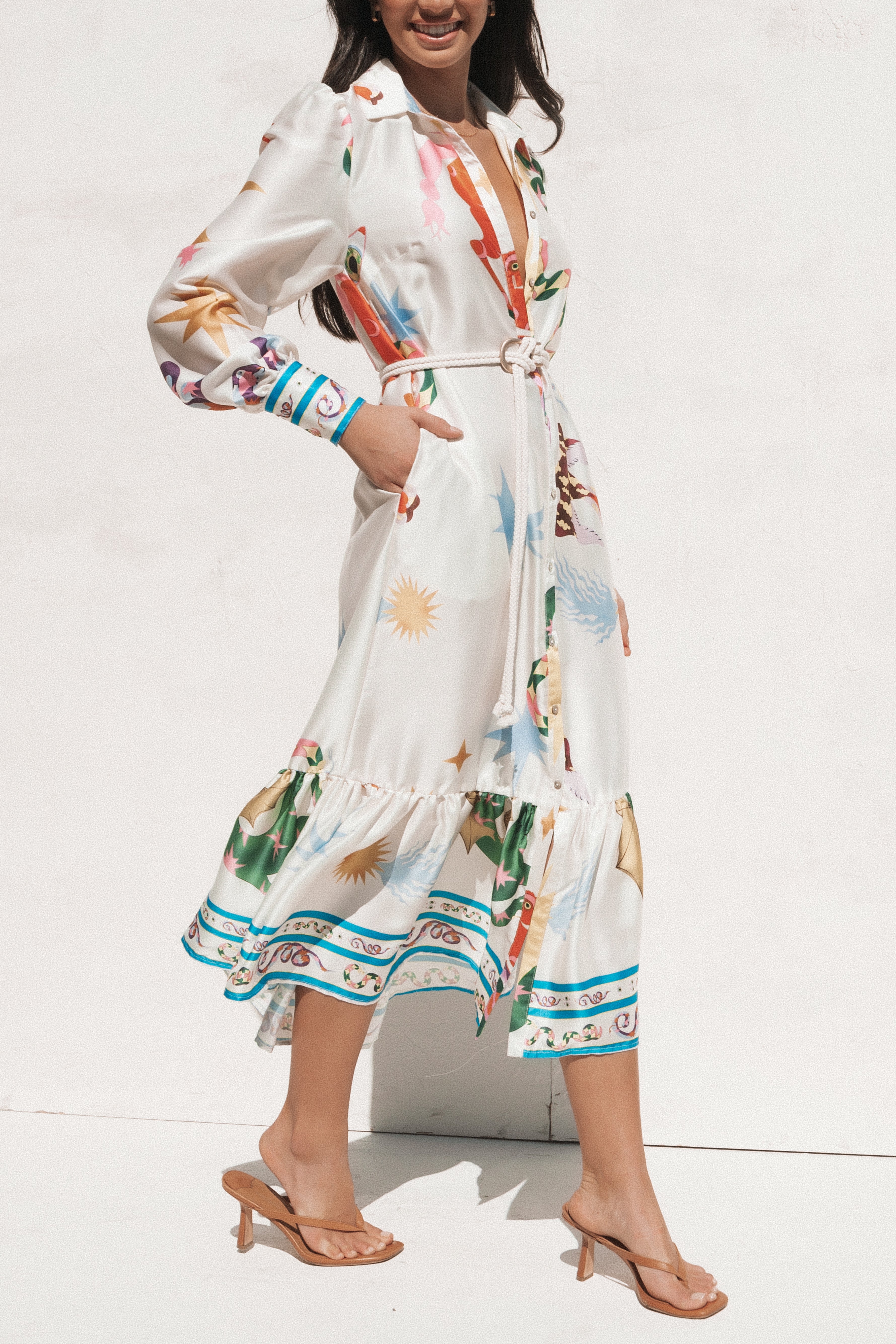 Calie Long Sleeve Midi Dress - White & Orange Floral Print | Women's Casual Fall Dress for Work, Date Night & Special Occasions
