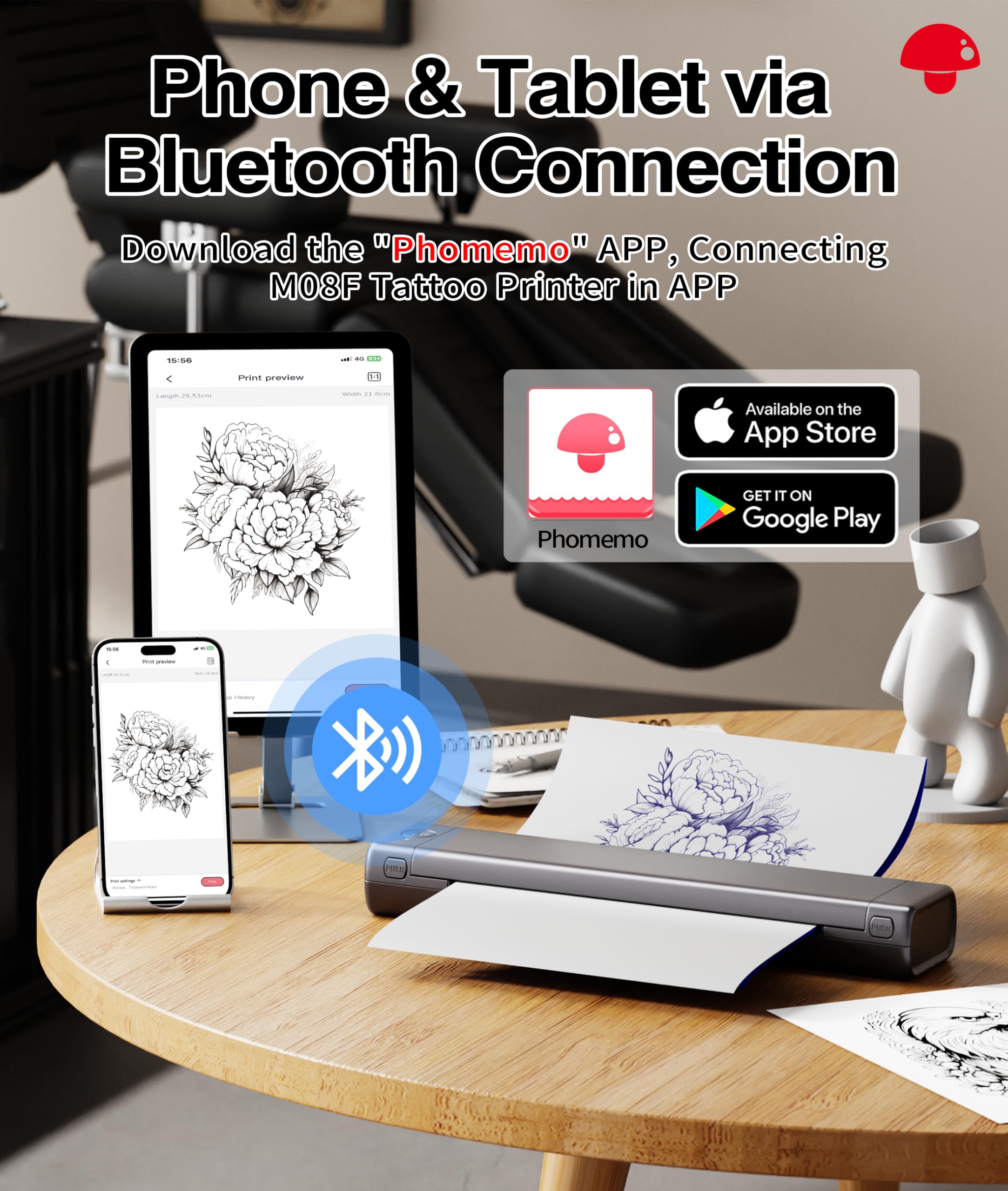 Phomemo Bluetooth Tattoo Stencil Printer - Wireless Thermal Tattoo Transfer Machine for Professional Artists & Beginners | Compatible with iPhone, Android & PC | Includes Storage Case & 10 Free Transfer Papers (Grey) | Perfect for Tattoo Studios, Home Use & Mobile Artists