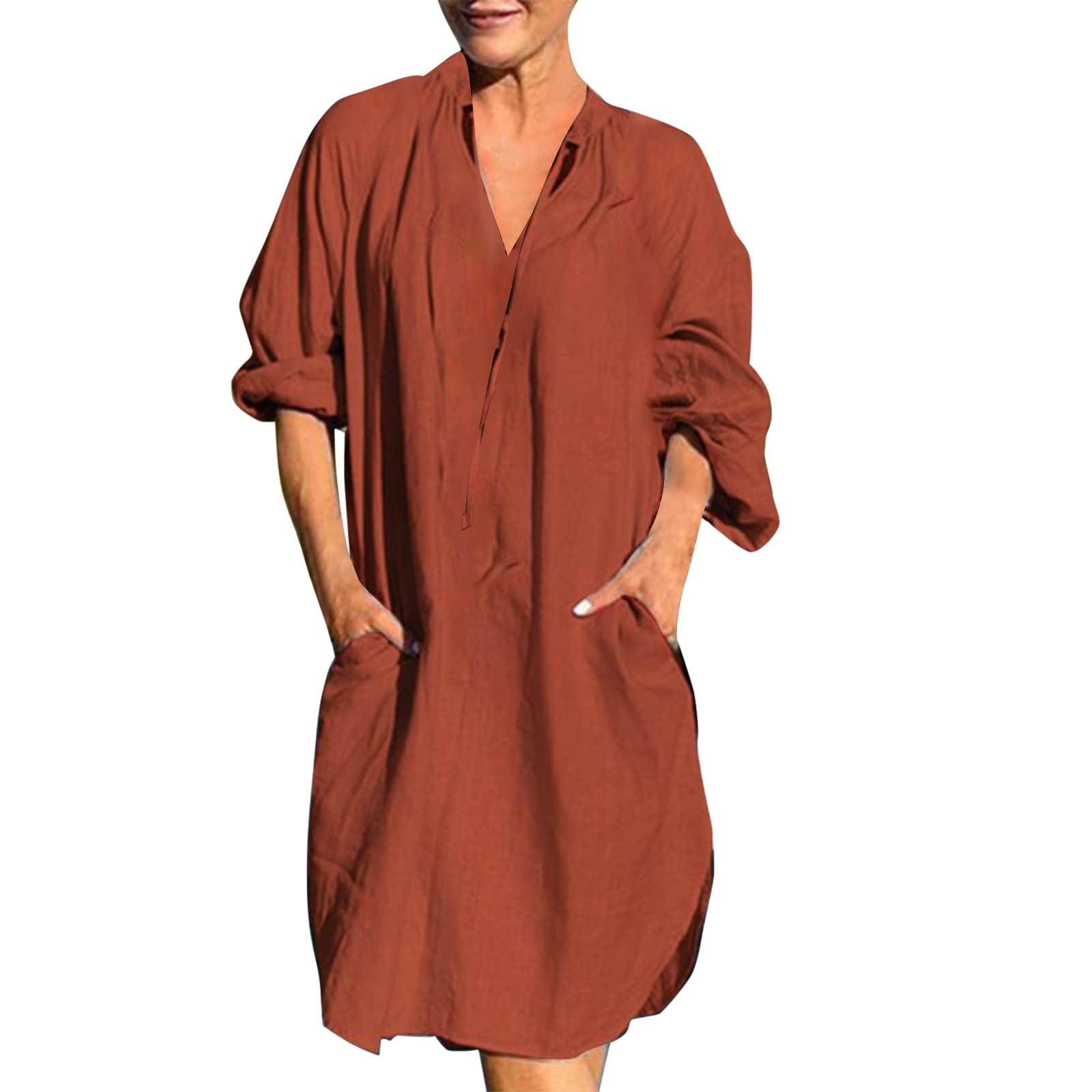Women's Casual Summer Knee-Length Shirt Dress - Long Sleeve Color Block Loose Fit for Everyday Wear | Perfect for Office, Beach & Weekend Outings