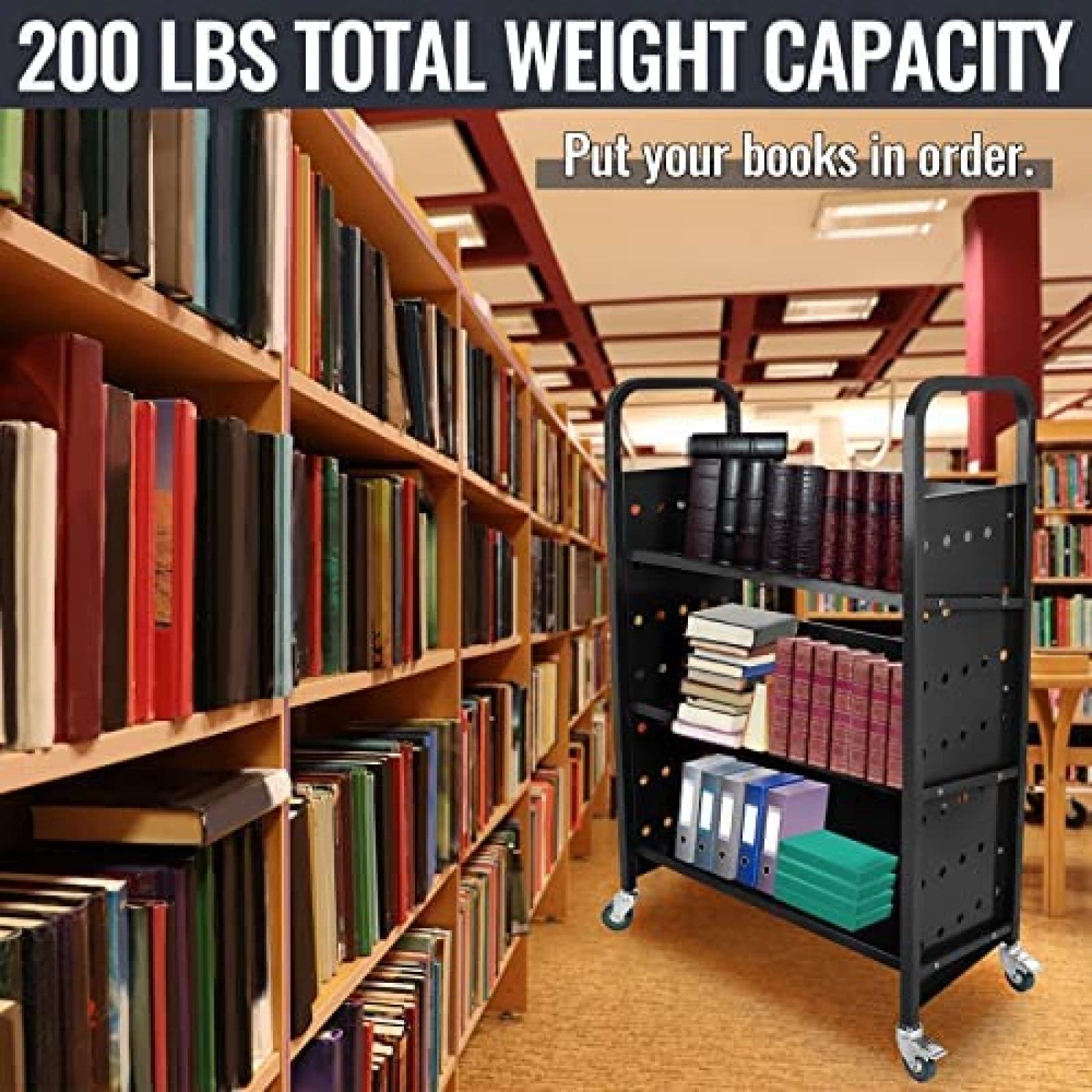 200 LBS Heavy Duty Library Book Cart - Single Sided L-Shaped & V-Shaped Rolling Book Truck with 4 Lockable Wheels for Home, Office, School - Perfect for Book Storage, Classroom Organization & Library Management