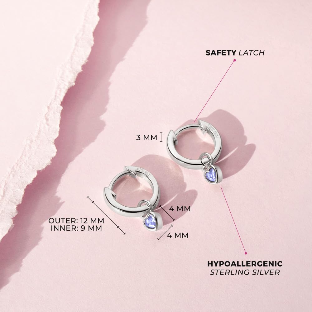 925 Sterling Silver Petite Simulated Birthstone Heart Charm Hoop Earrings for Girls 12mm - Cubic Zirconia Stud Earrings - Dainty Heart Jewelry for Teens & Young Women - Perfect Gift for Birthdays, Valentine's Day & Everyday Wear
