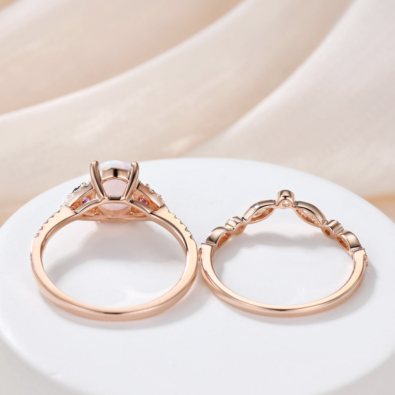 Vintage Art Deco Oval Opal Diamond Engagement Ring for Women - 14K Rose Gold Wedding Band with Amethyst Accent - Perfect for Proposals, Anniversaries & Special Occasions