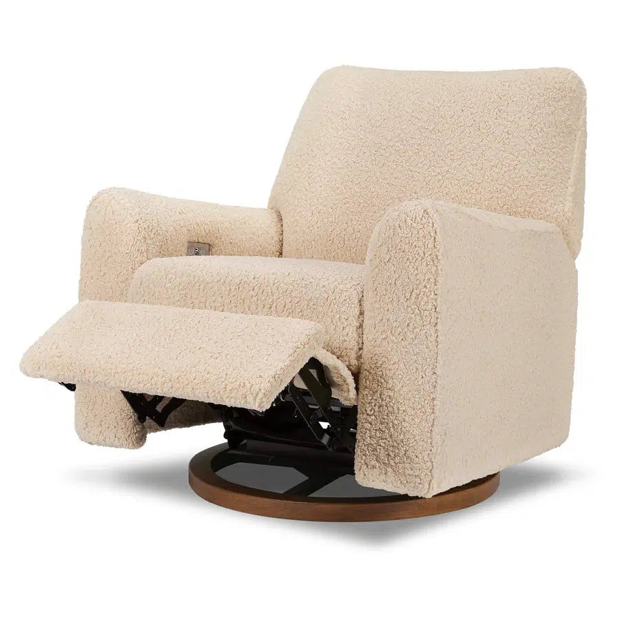 Babyletto Sunday Electronic Glider and Recliner Chair - Luxe Chai Shearling Upholstery with Dark Wood Base for Nursery, Breastfeeding, and Relaxation