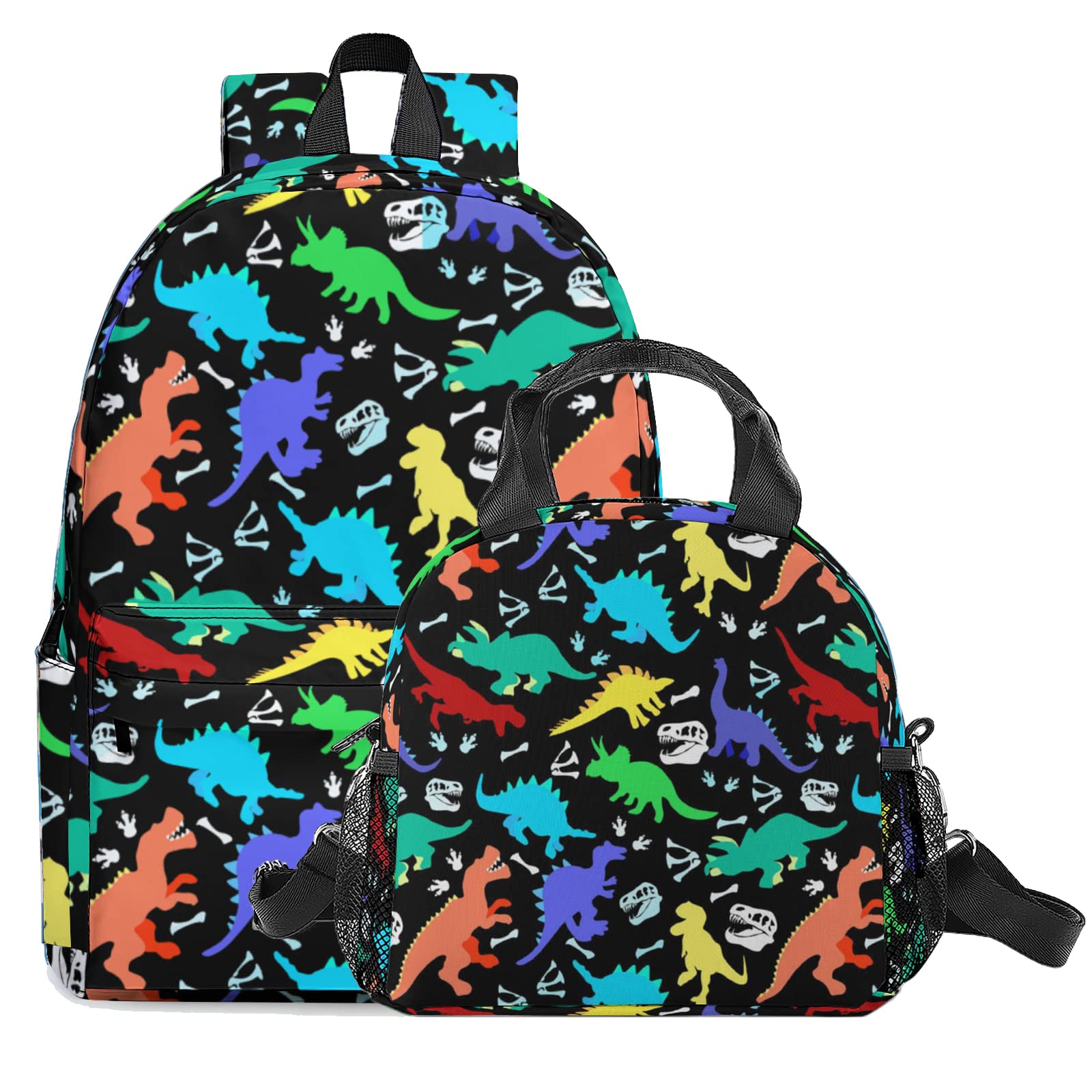 Kiouhtf Insulated Backpack with Thermal Lunch Bag - Durable Polyester Laptop Backpack Set for School, Travel & Work - Perfect for Boys, Girls & Teens (Dinosaur Print) - Ideal for School, Office Commute & Outdoor Adventures