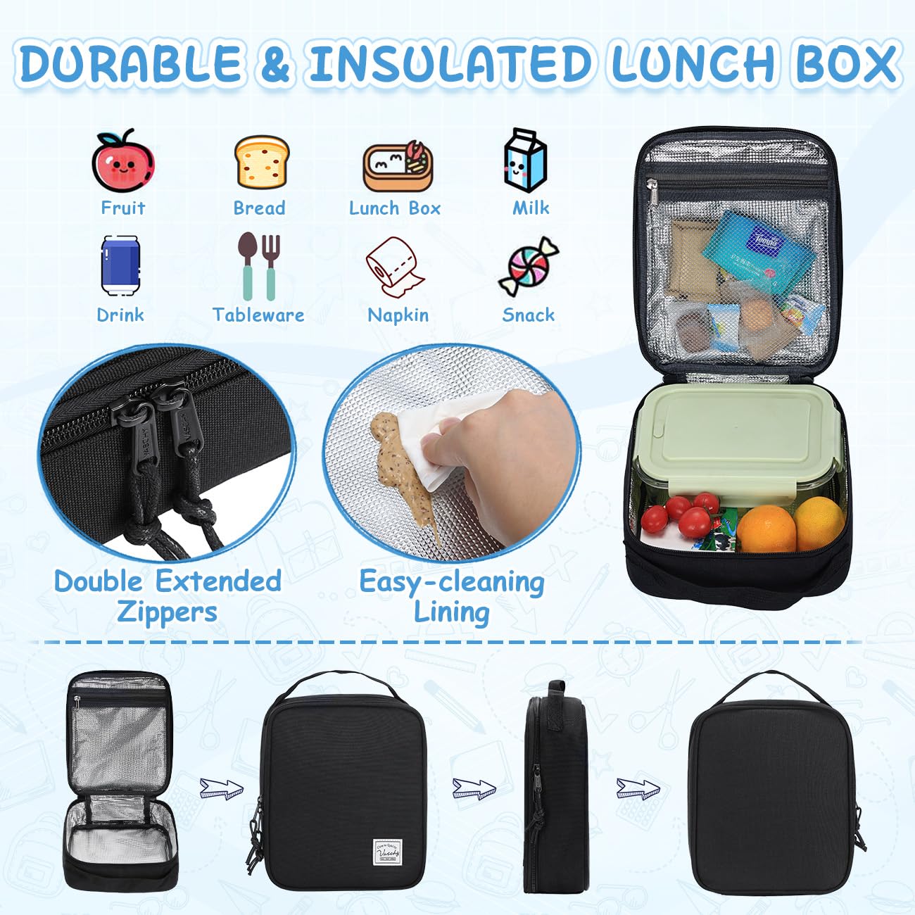 VASCHY Kids Backpack with Insulated Lunch Box Set - School Bookbag for Toddlers, Preschool, Daycare, Kindergarten & Elementary Students | Black | Perfect for School, Travel & Outdoor Activities