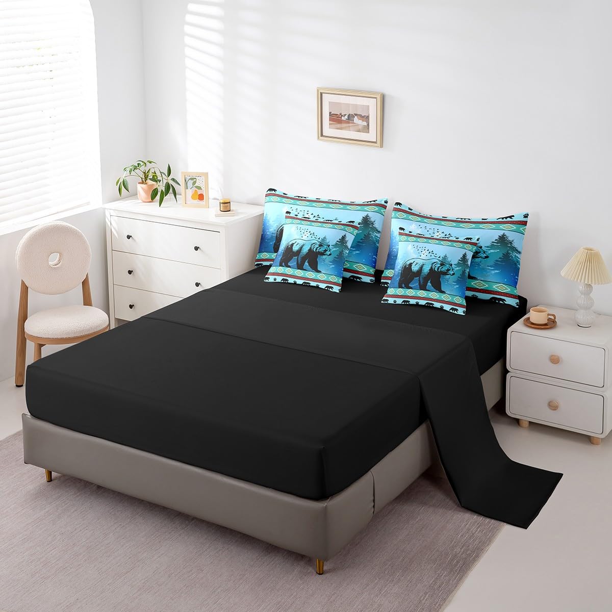 **7-Piece Boys Bear Comforter Set with Sheets - American Aztec Animal Bedding for Kids, Teens & Adults - Queen Size Rustic Farmhouse Wildlife Bed Set - Bohemian Tribal Geometric Design - Perfect for Cozy Bedrooms & Cabin Retreats**