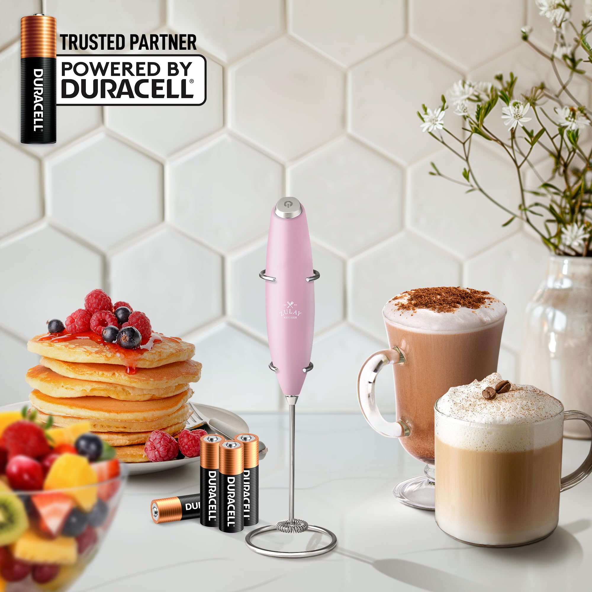 Zulay Powerful Milk Frother with 4 Duracell Batteries - Handheld Electric Milk Frother Wand for Coffee, Cappuccino, Matcha, Hot Chocolate & Creamer - Perfect for Home, Office & Coffee Shops - Create Foamy Drinks, Frappes & Even Cotton Candy