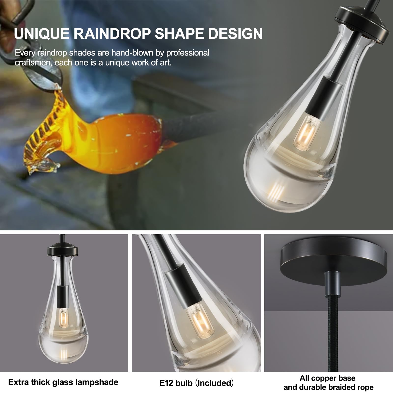 Black Raindrop Pendant Light Set of 2 - Modern Tear Drop Chandelier Fixtures for Kitchen Island, Dining Room, Bedroom & Bathroom - Includes LED Bulbs - Perfect for Farmhouse, Industrial & Contemporary Decor