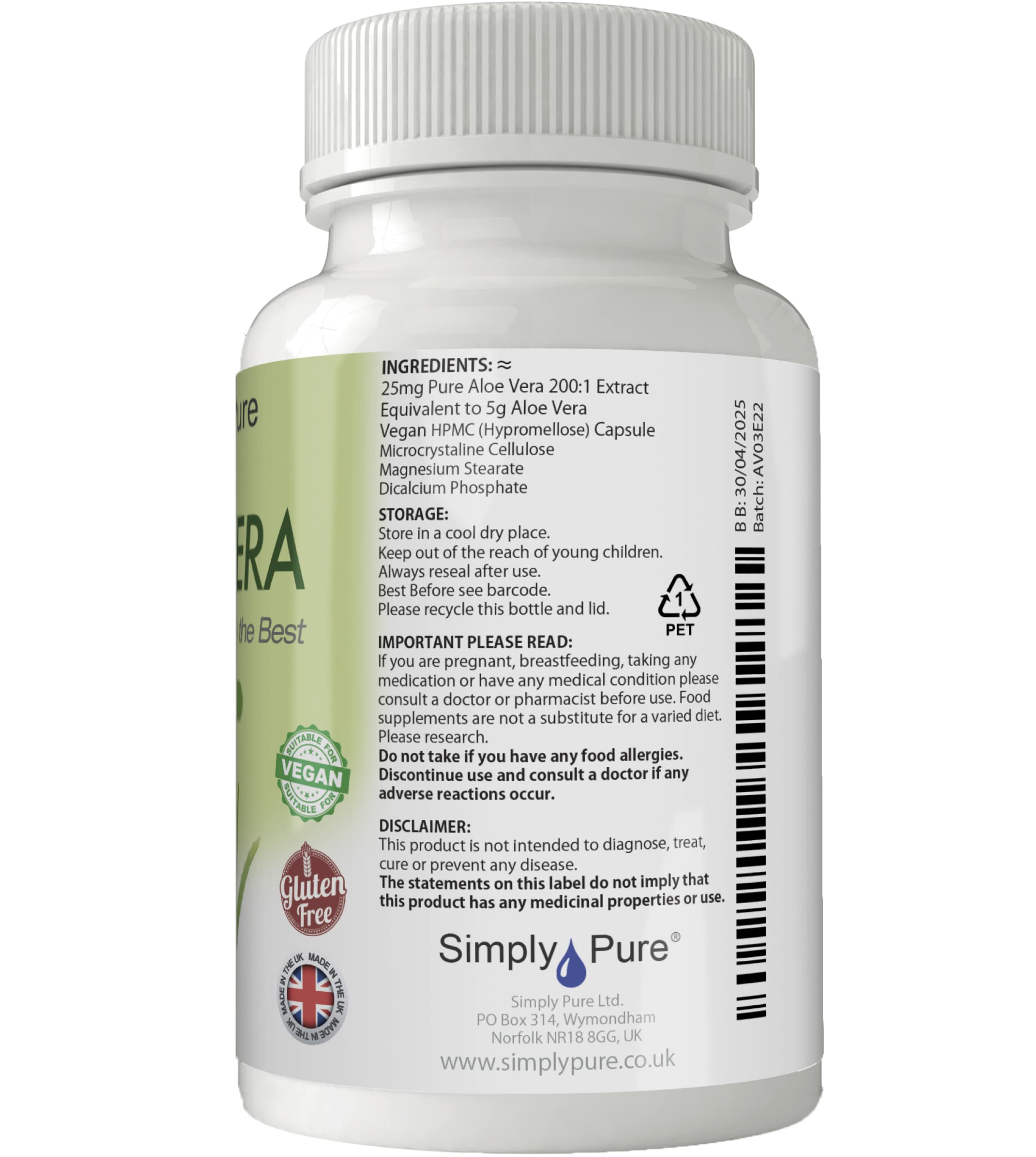 Simply Pure Aloe Vera Capsules for Digestive Health - 25mg x 90 Count | 200:1 Extract (Equivalent to 5g Pure Aloe Vera Gel) | Gluten Free, Non-GMO, Vegan Supplement | Supports Gut Health & Digestion - Perfect for Daily Wellness Routine