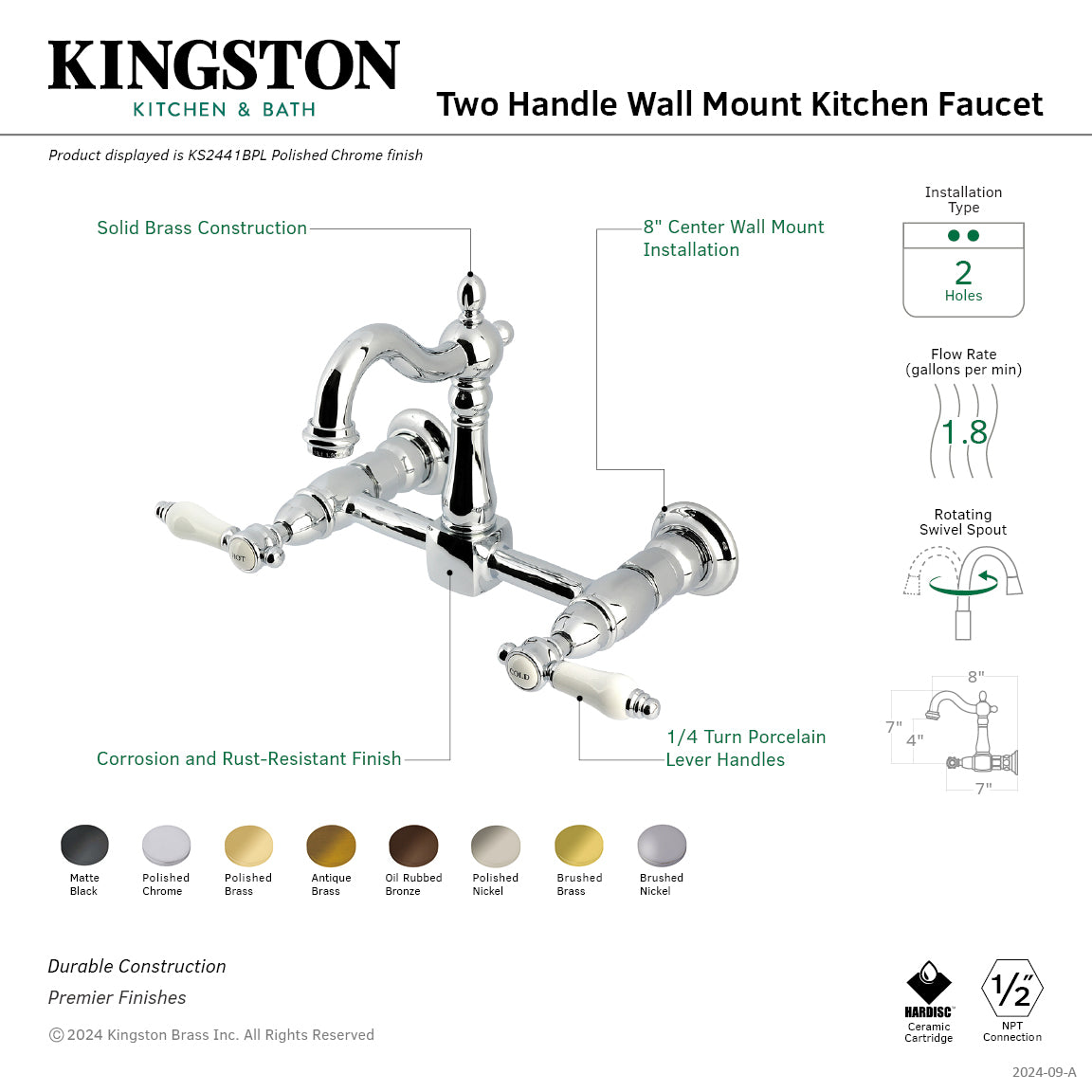 Bel Air KS2446BPL 2-Handle Wall Mount Kitchen Faucet in Polished Nickel - Perfect for Modern Farmhouse & Commercial Style Kitchens