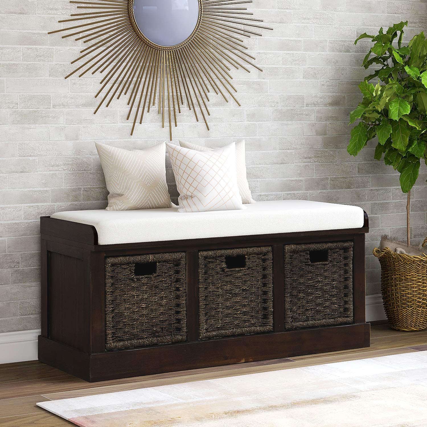 Merax Rustic Entryway Storage Bench with 3 Removable Baskets & Cushion - Shoe Organizer Bench for Living Room, Hallway, Bedroom - Perfect for Entryway Organization & Home Decor