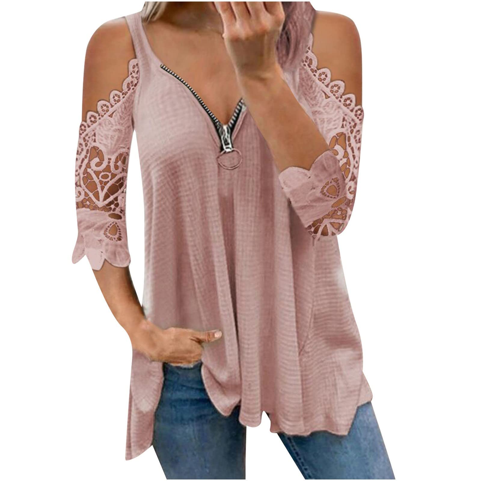 YRAETENM Women's Cold Shoulder Long Sleeve T-Shirt - Hollow Out Lace Fashion Top with Zipper Detail, Loose Blouse for Casual Wear, Date Night & Office Outfits