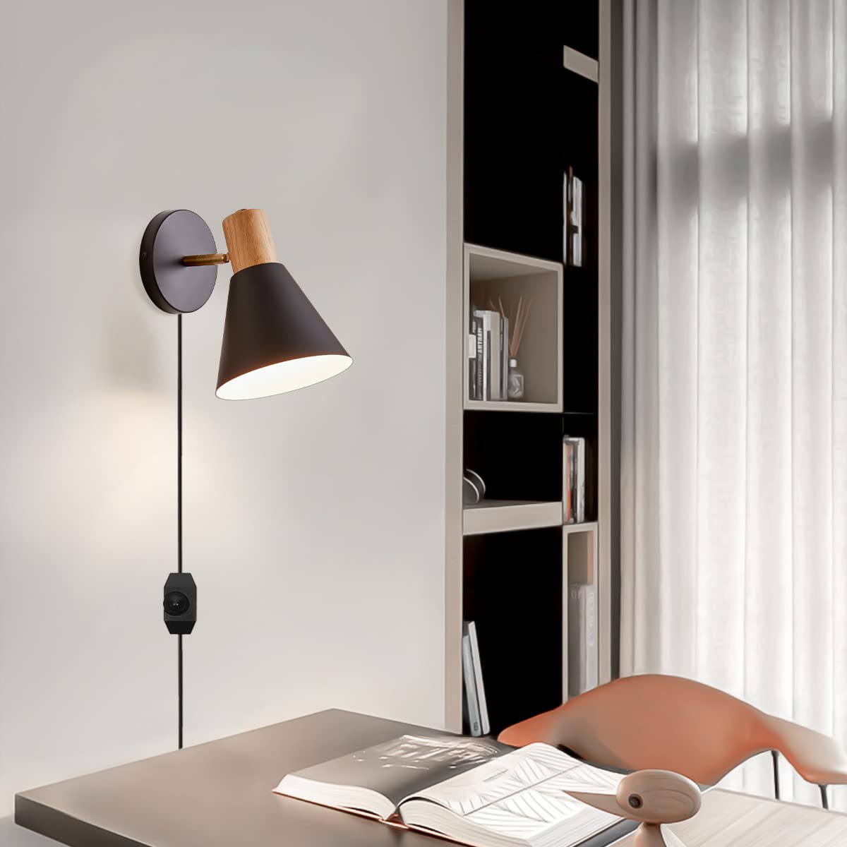 Dimmable Black Wooden Wall Sconce Plug-in Light - Adjustable Reading Lamp for Bedroom, Hallway & Living Room | Modern Plug-in Wall Lighting Fixture for Cozy Home Decor & Nighttime Reading