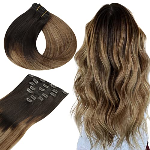TIVBOES 22 Inch Clip in Hair Extensions - 120g Balayage Ombre Brown to Dirty Blonde Human Hair Extensions (7pcs, Straight, Double Weft) for Volume & Length | Perfect for Parties, Weddings & Daily Styling