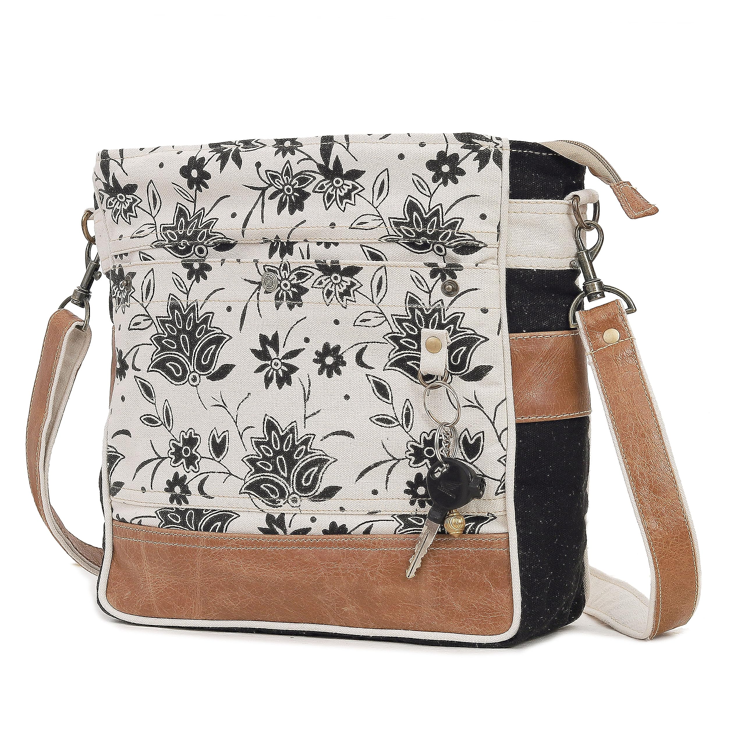 Upcycled Canvas & Leather Shoulder Bag for Women - CLA Bags SEL de MER Off-White Blossom Print Crossbody Purse | Eco-Friendly Fashion Accessory for Work, Travel & Everyday Use