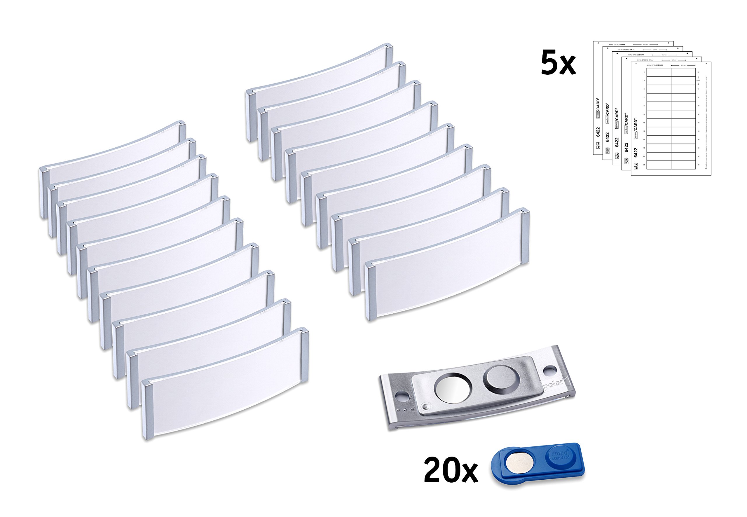Badgepoint Polar 20 Professional Name Tag Set - 20 Magnetic Name Plates (68mm x 22mm) with Printing Sheet & PC Templates - Writable, Slip-Proof Matte Stainless Steel for Office, Events & Uniforms