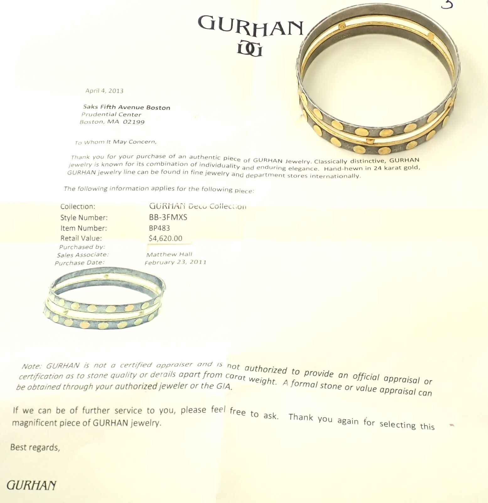 Authentic Gurhan Deco 24K Yellow Gold & Sterling Silver Bangle Bracelet - Luxury Paper Thin Design for Women, Perfect for Weddings, Parties & Special Occasions