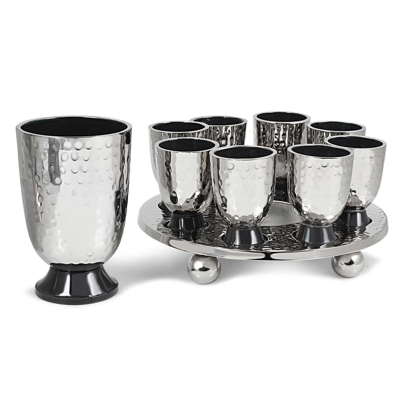 Elegant Hammered Metal Kiddush Cup Wine Fountain Set with Enamel Detailing - Large Goblet & 8 Matching Shot Cups - Perfect for Shabbat, Passover, Jewish Holidays & Wedding Gifts - Zion Judaica Grey Judaica Set for Home Celebrations & Religious Ceremonies