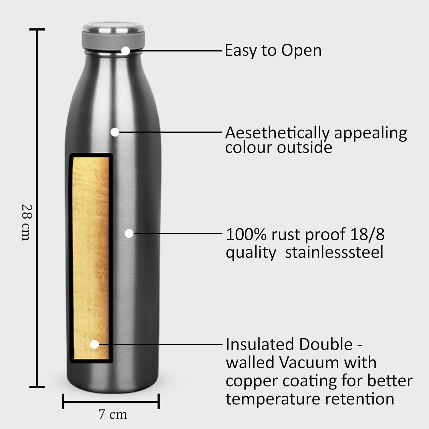 WORLD OF KITCHENCRAFT Stainless Steel Vacuum Insulated Water Bottle - 100ML (12oz) | Leak Proof & BPA Free | Perfect for Gym, Hiking, Travel & Office Use