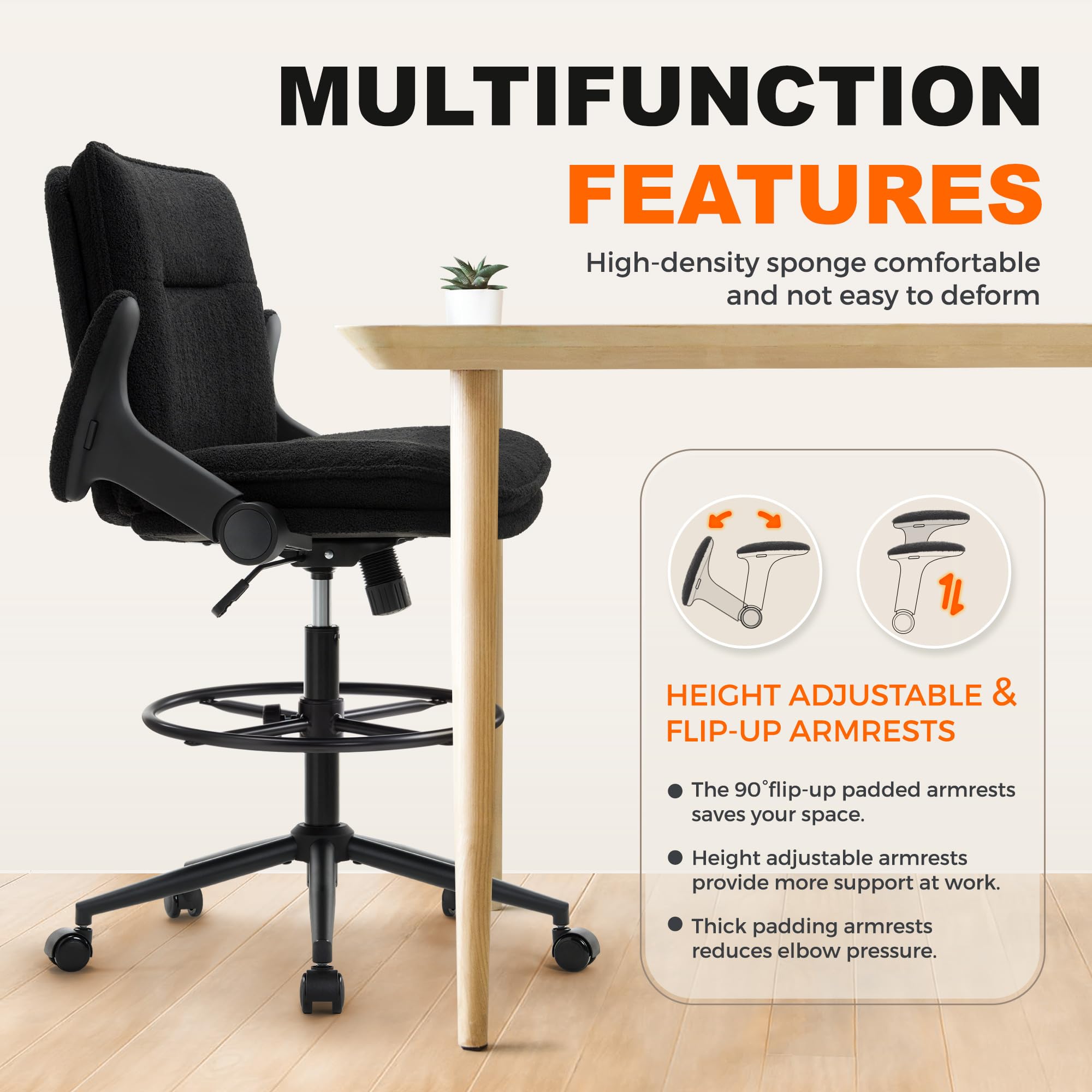 Ergonomic Adjustable Height Drafting Chair with Padded Armrests & Footrest Ring - Tall Office Stool for Standing Desk, Computer Work & Counter Height Tables - Perfect for Home Office, Architects & Artists (Black)