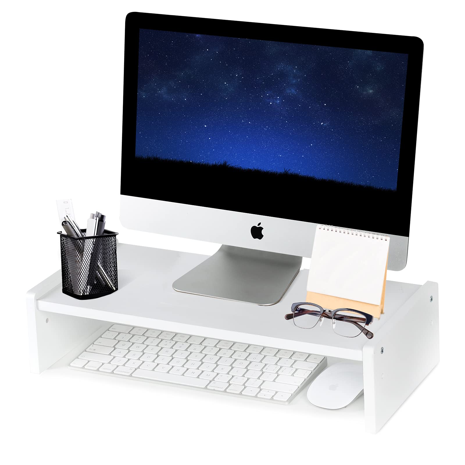 KINLINK 15.8 Inch Solid Wood Monitor Stand Riser - Adjustable Height Computer Desk Organizer for iMac, PC, Laptop & Printer - Ergonomic Workspace Solution for Home & Office (White) - Perfect for Reducing Neck Strain & Organizing Cables