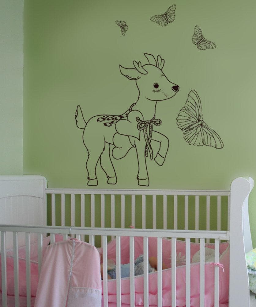 Vinyl Wall Decal Sticker - Fawn & Butterflies Design #1524 | Removable Home Decor for Nursery, Bedroom & Living Room