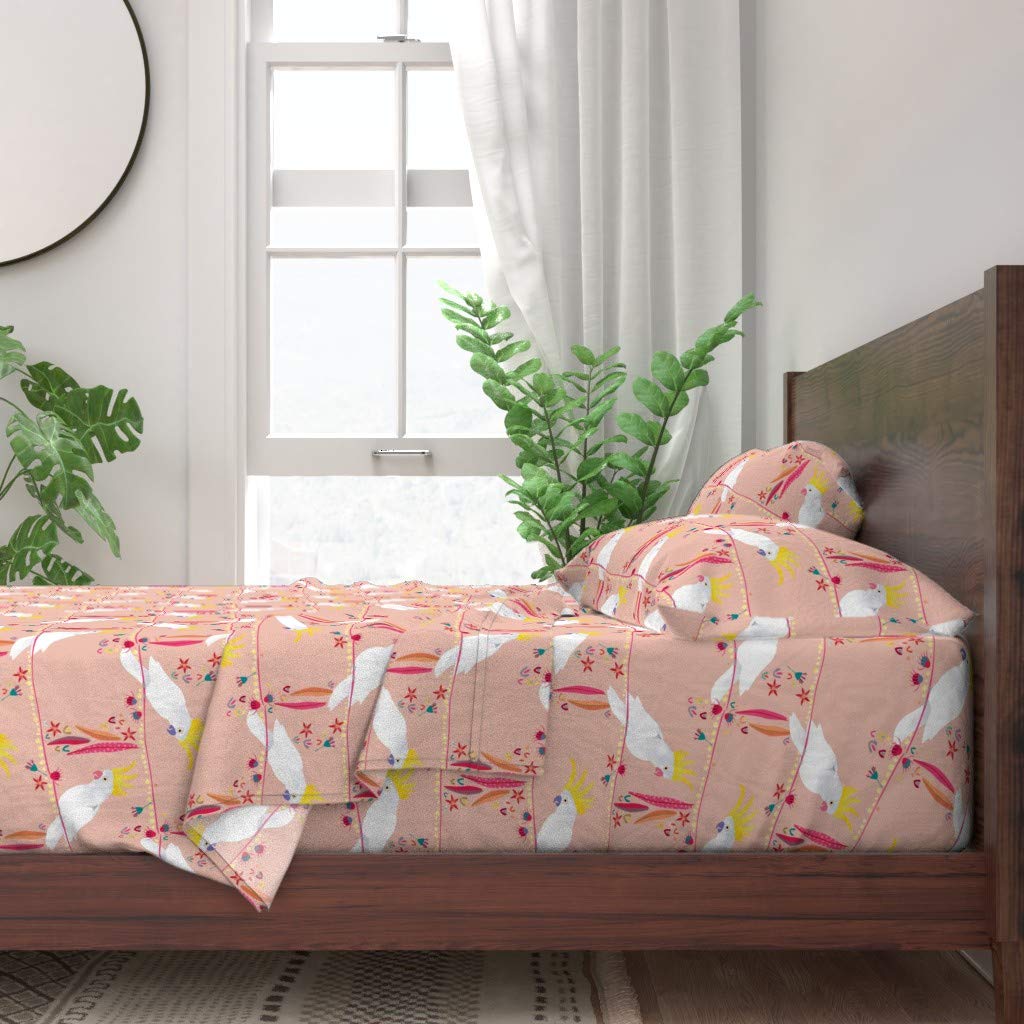 100% Cotton Twin 3-Piece Sheet Set - Pink Peach Christmas Australia Cockatoo Bird Holiday Parrot Eucalyptus Print Custom Bedding by Spoonflower | Soft & Breathable for Cozy Bedroom Decor