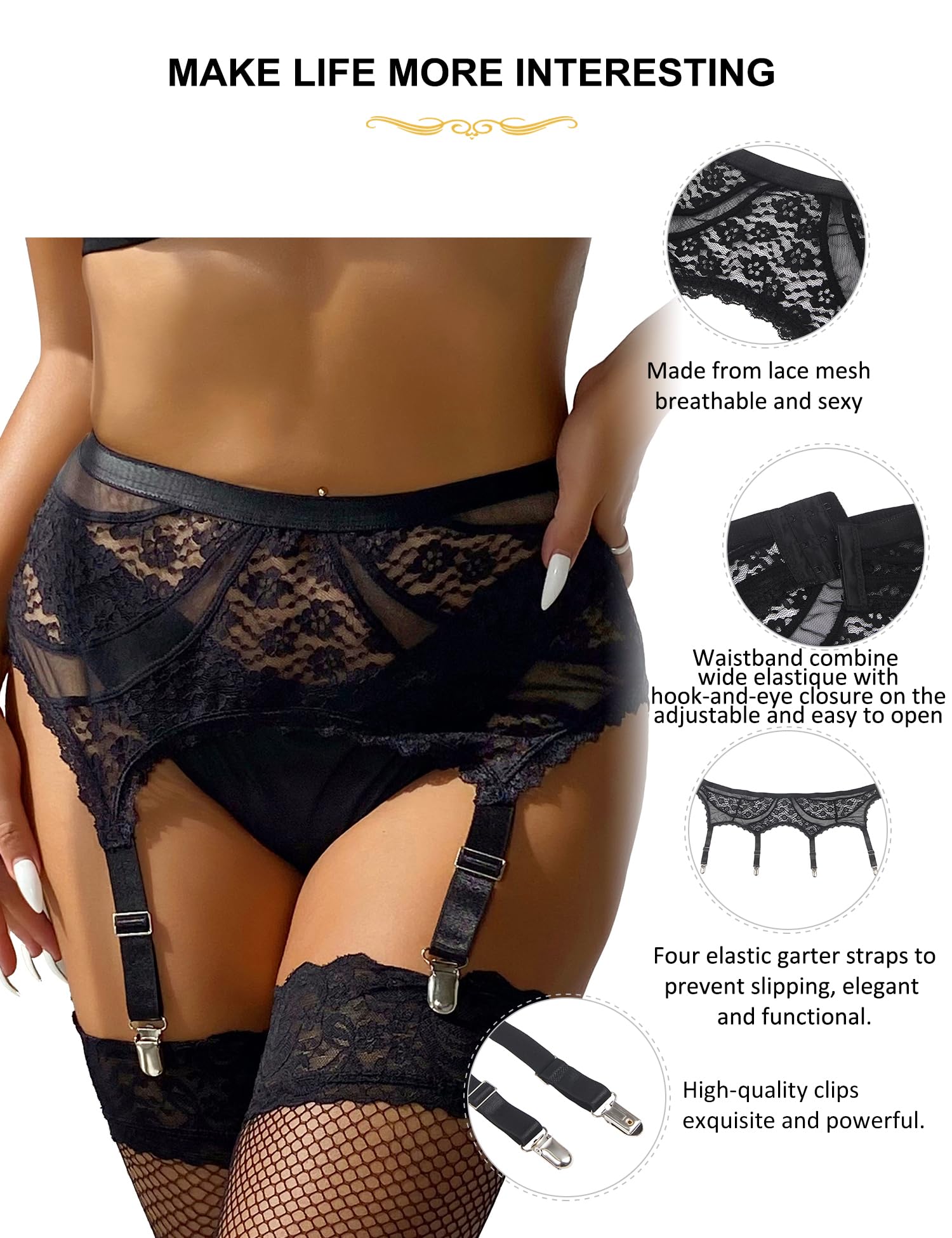 OhYeah 4-Strap Easy Clip-On Lace Garter Belt for Thigh High Stockings - Sexy Garter Belt & Stockings Set (XS-4XL) | Perfect for Bridal, Lingerie & Special Occasions