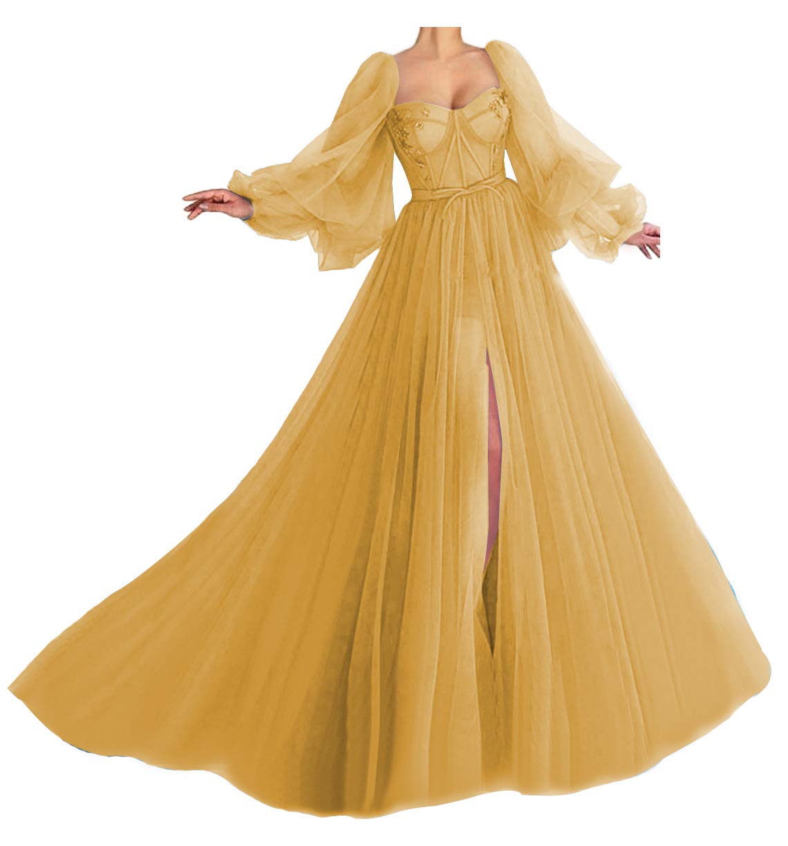 Elegant Gold Tulle Prom Dress with Long Sleeves & Corset - Women's Ball Gown Size 10 | Perfect for Homecoming, Wedding Guest & Formal Events