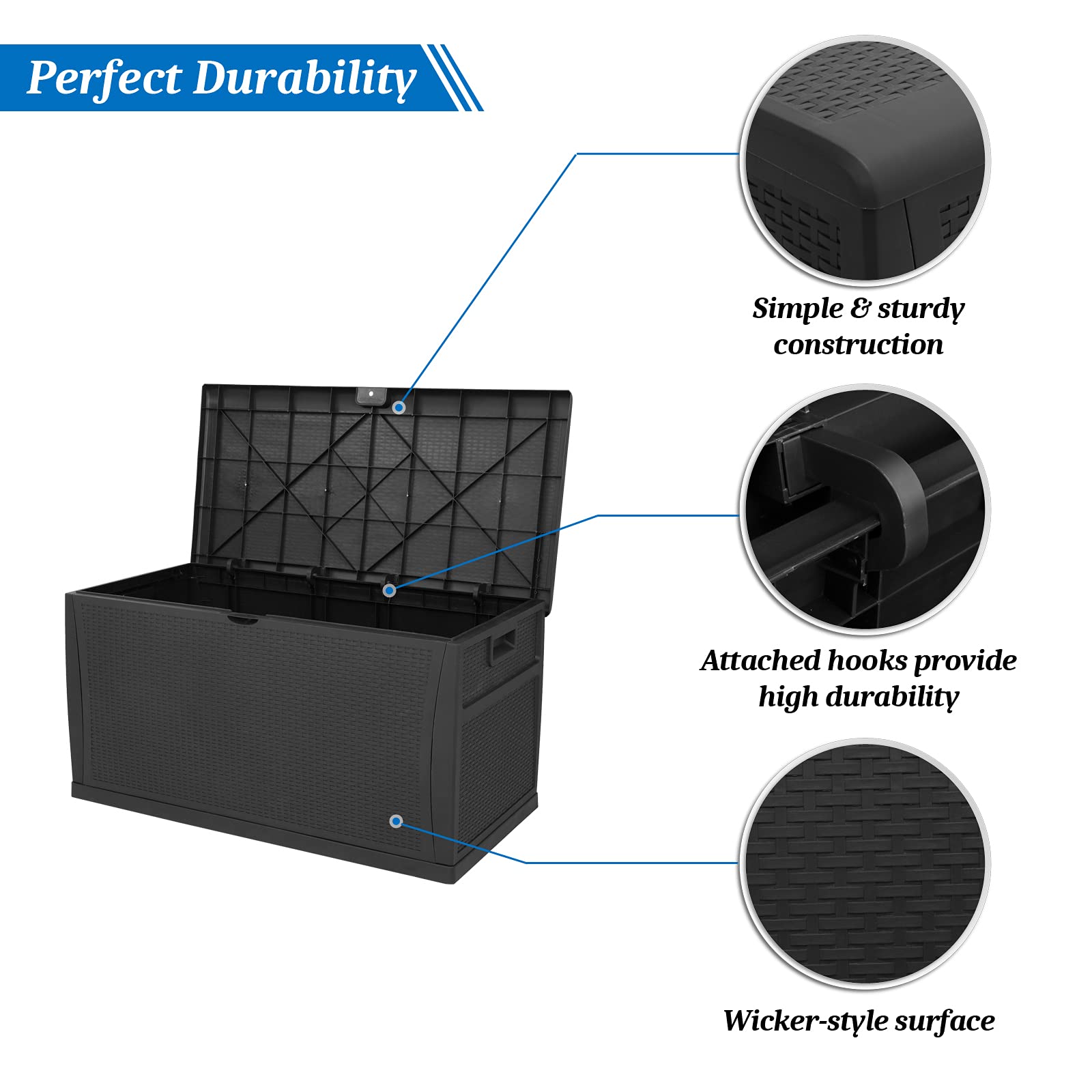 VINGLI 120 Gallon Large Outdoor Deck Storage Box with Lockable Lid, Waterproof Plastic Patio Furniture Container - Rattan Woven Design for Garden Cushions, Pool Toys, Yard Tools (Black) | Perfect for Backyard, Patio, Poolside & Garden Organization