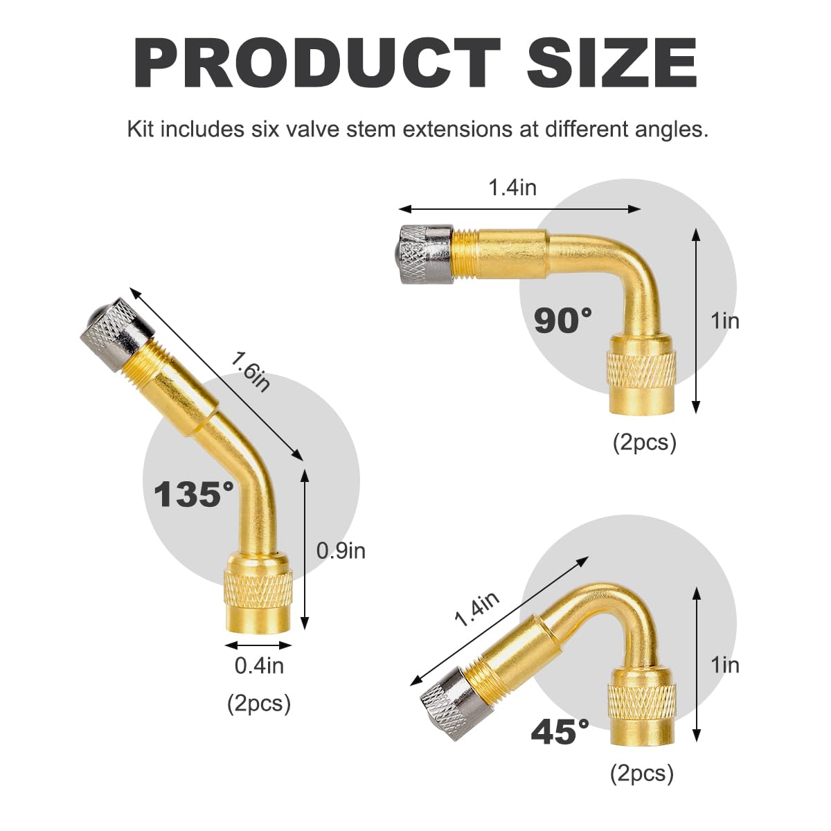 6 PCS Valve Stem Extenders - 45/90/135 Degree Angled Automotive Tire Valve Extension Adapters - Universal Fit for Car, Motorcycle & Scooter - Golden Car Accessories for Easy Tire Inflation & Maintenance