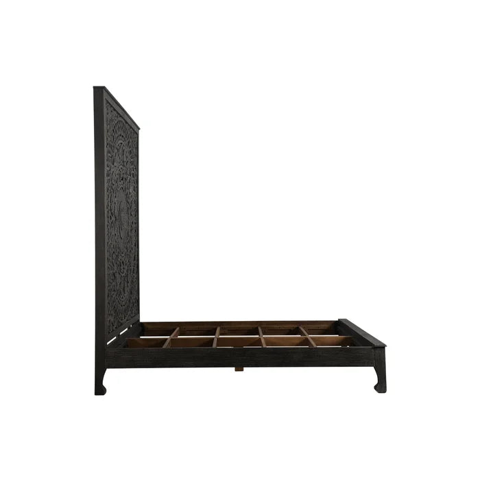 Hand Carved Solid Wood Low Profile Standard Bed Frame - Black | Modern Minimalist Bedroom Furniture for Small Spaces & Cozy Home Decor