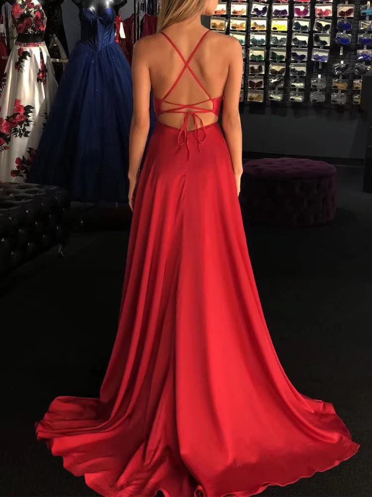 Elegant RJOAM Women's V-Neck Long Prom Dress with High Slit - Satin Sleeveless Evening Gown for Weddings, Parties & Formal Events - Teal Green Size 6 - Perfect for Homecoming, Cocktail Parties & Special Occasions