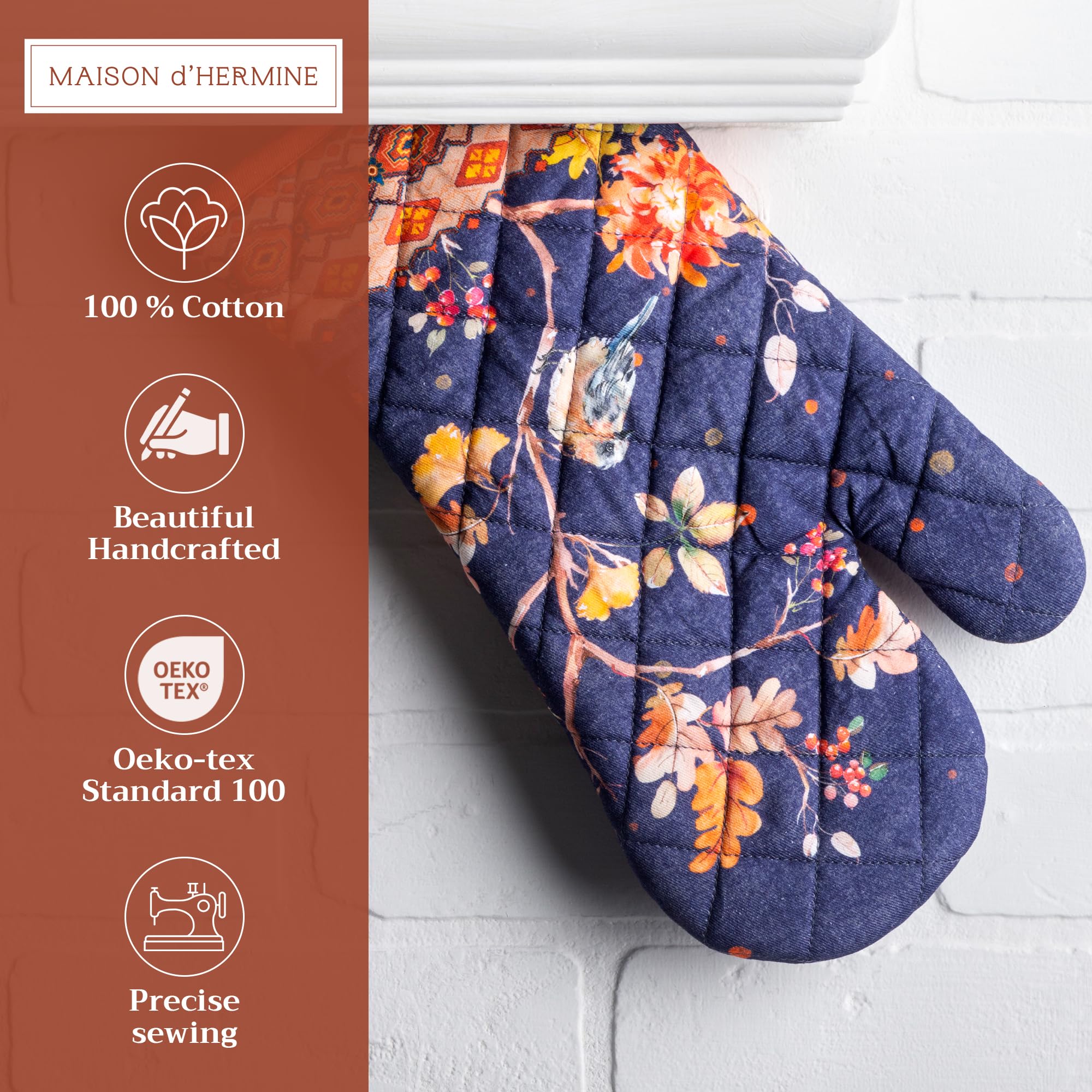 Maison d'Hermine Heat Resistant Oven Mitts - 100% Cotton 7x13 Inch with Hanging Loop - Perfect for BBQ, Grilling, Baking, Cooking & Microwave Use - Holiday Kitchen Essential for Thanksgiving & Christmas