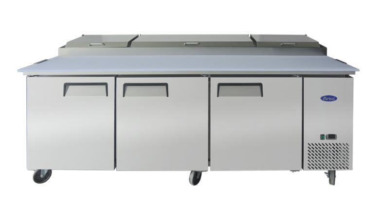 Atosa 93 Inch Commercial Refrigerated Pizza Prep Table with 3 Solid Doors - Perfect for Pizzerias, Restaurants & Catering Businesses