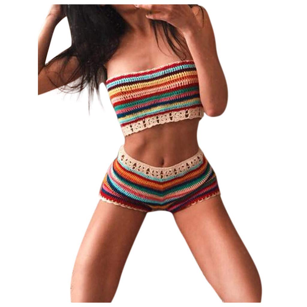 Women's Rainbow Bohemian Handmade Crochet Knitted Bikini Set - Summer Swimwear with Matching Bra - Perfect for Beach Vacations, Pool Parties & Tropical Getaways
