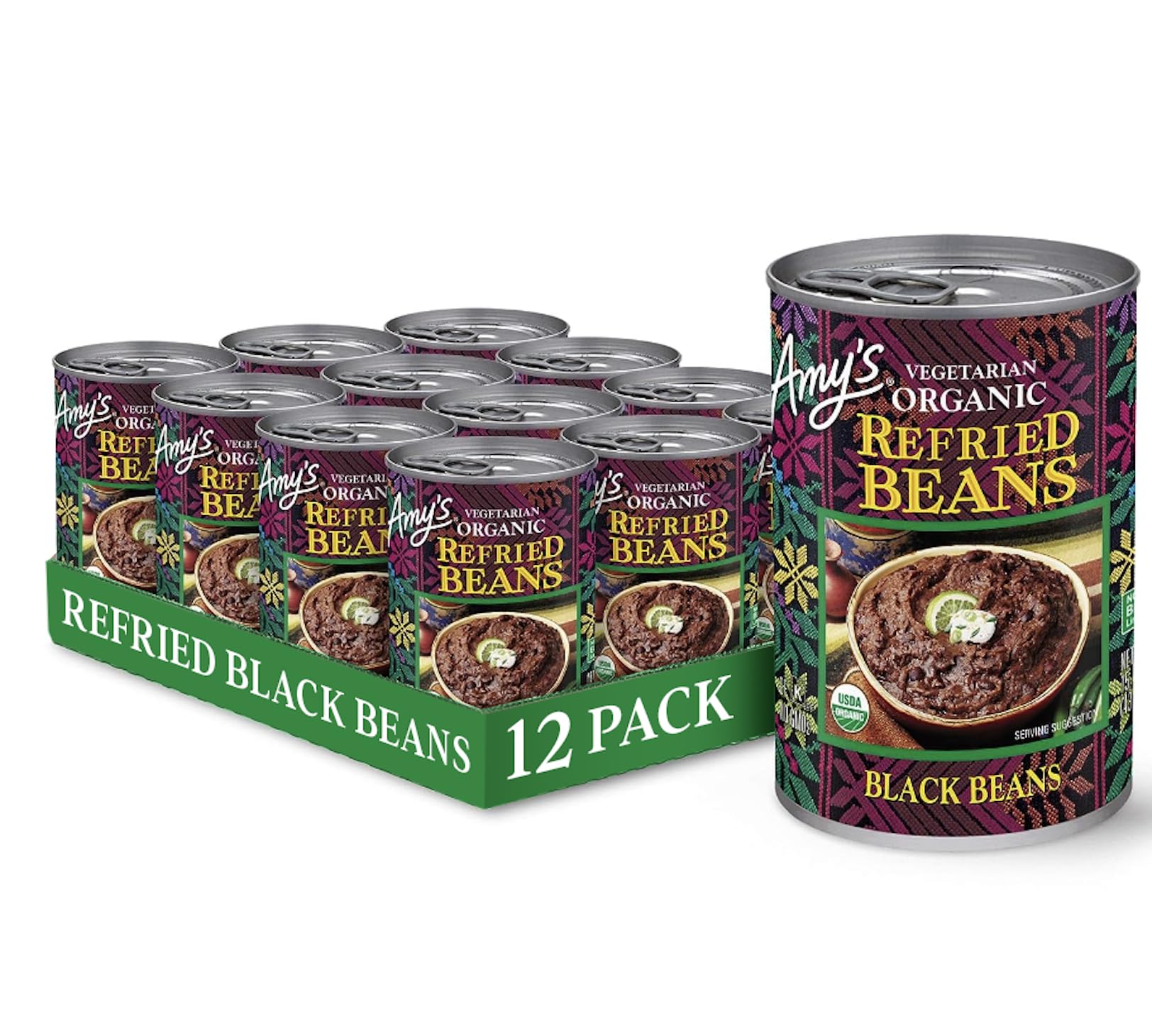 Organic Amy's Refried Black Beans - Gluten Free, Vegetarian, Non-GMO, 15.4 oz Canned Beans (Pack of 12) - Perfect for Tacos, Burritos & Healthy Mexican Meals