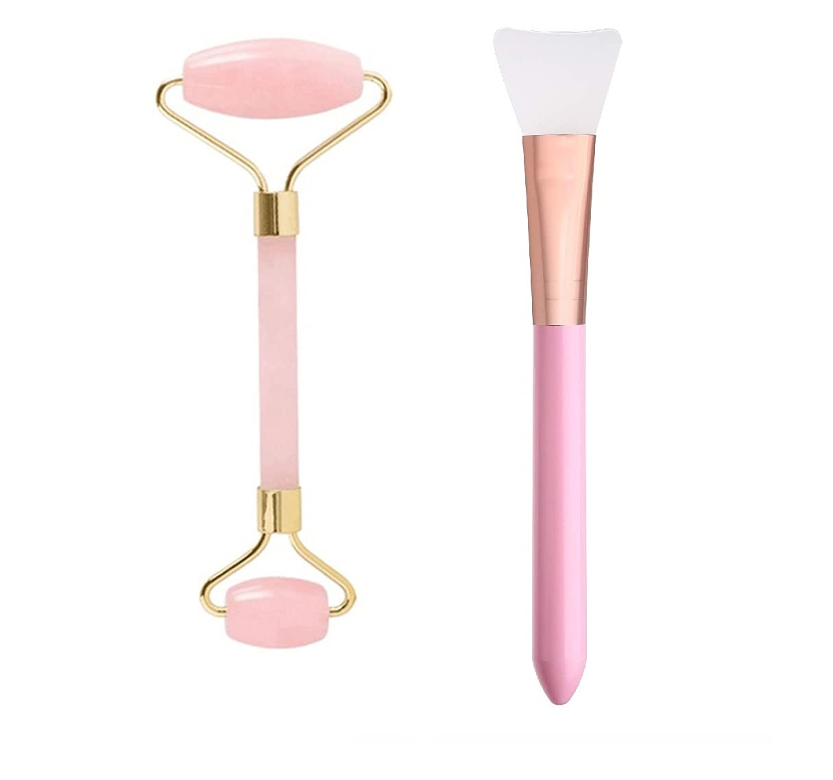 Rose Quartz Facial Roller & Silicone Face Brush Set - Jade Roller Massage Tool for Face, Eyes, Neck - Reduce Wrinkles & Puffiness - Perfect for Skincare Routine & Relaxation at Home or Travel