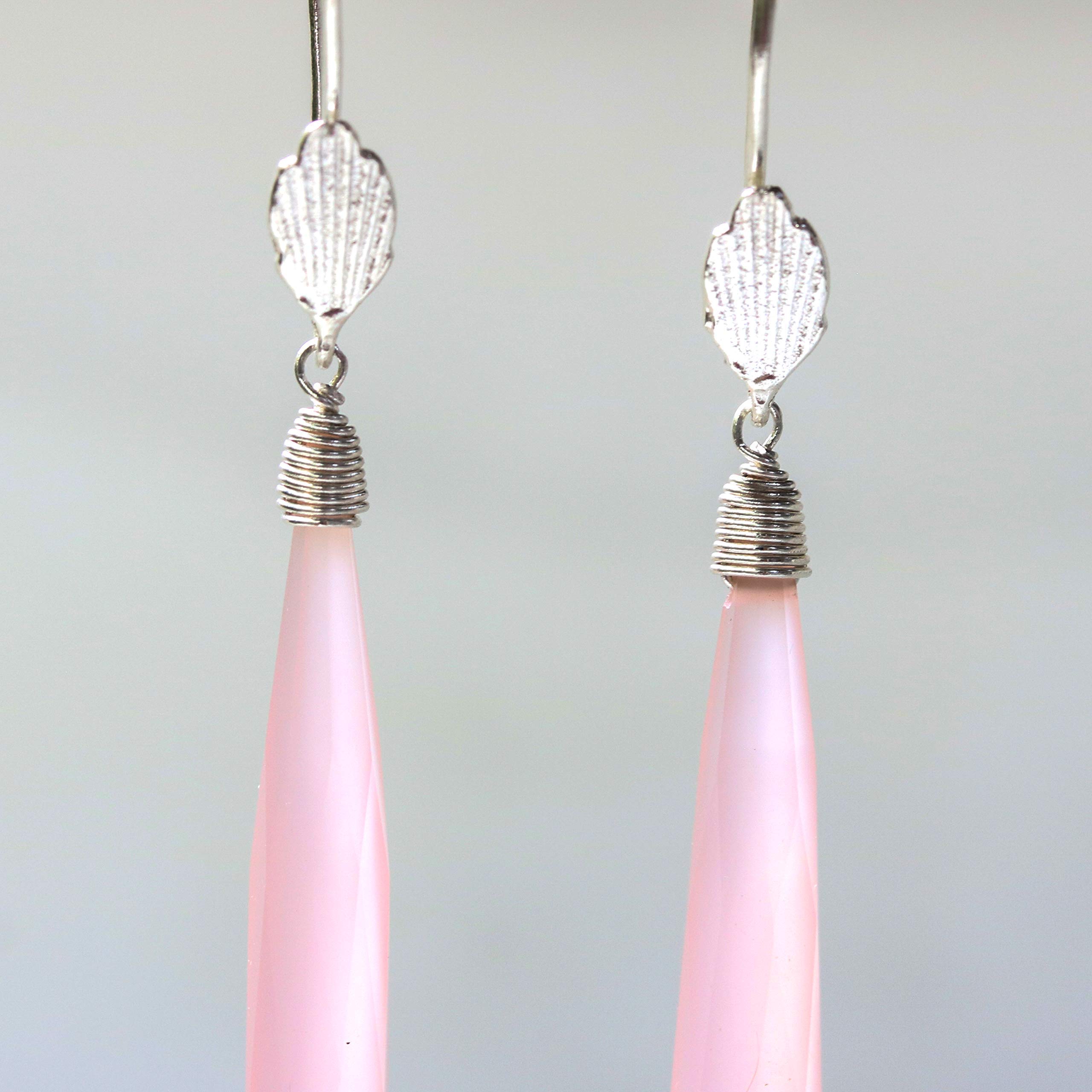 Pink Chalcedony Earrings with Sterling Silver Wire Wrap & Leaf Design - Elegant Dangle Earrings for Women, Perfect for Parties, Weddings & Everyday Wear