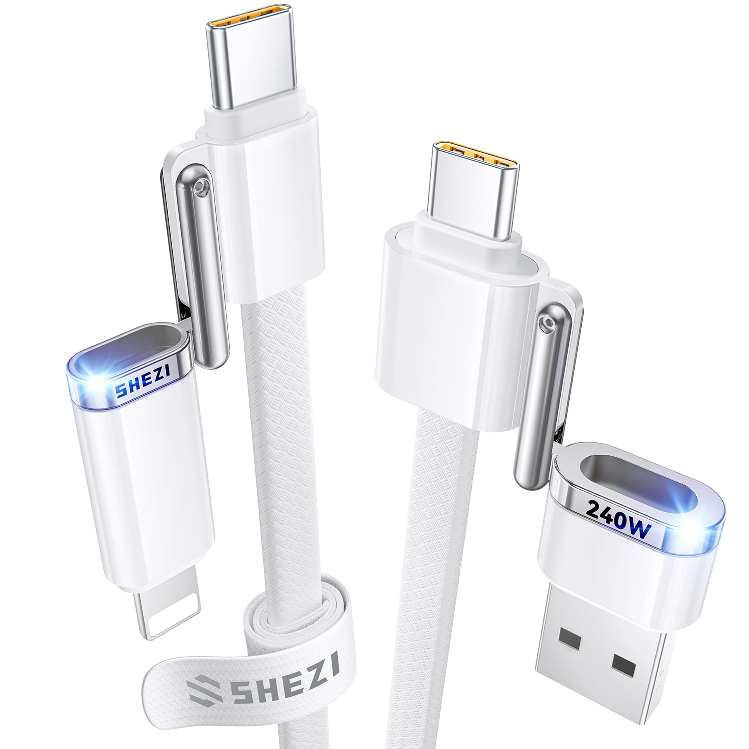 SHEZI 4-in-1 Braided Charging Cable 5ft - 240W Fast Charging & Data Sync - USB to Lightning/USB-C Cable for iPhone 15/14/13, iPad, Samsung Galaxy, MacBook - CarPlay & Android Auto Compatible - Durable Nylon Cord for Home, Office & Travel (White)