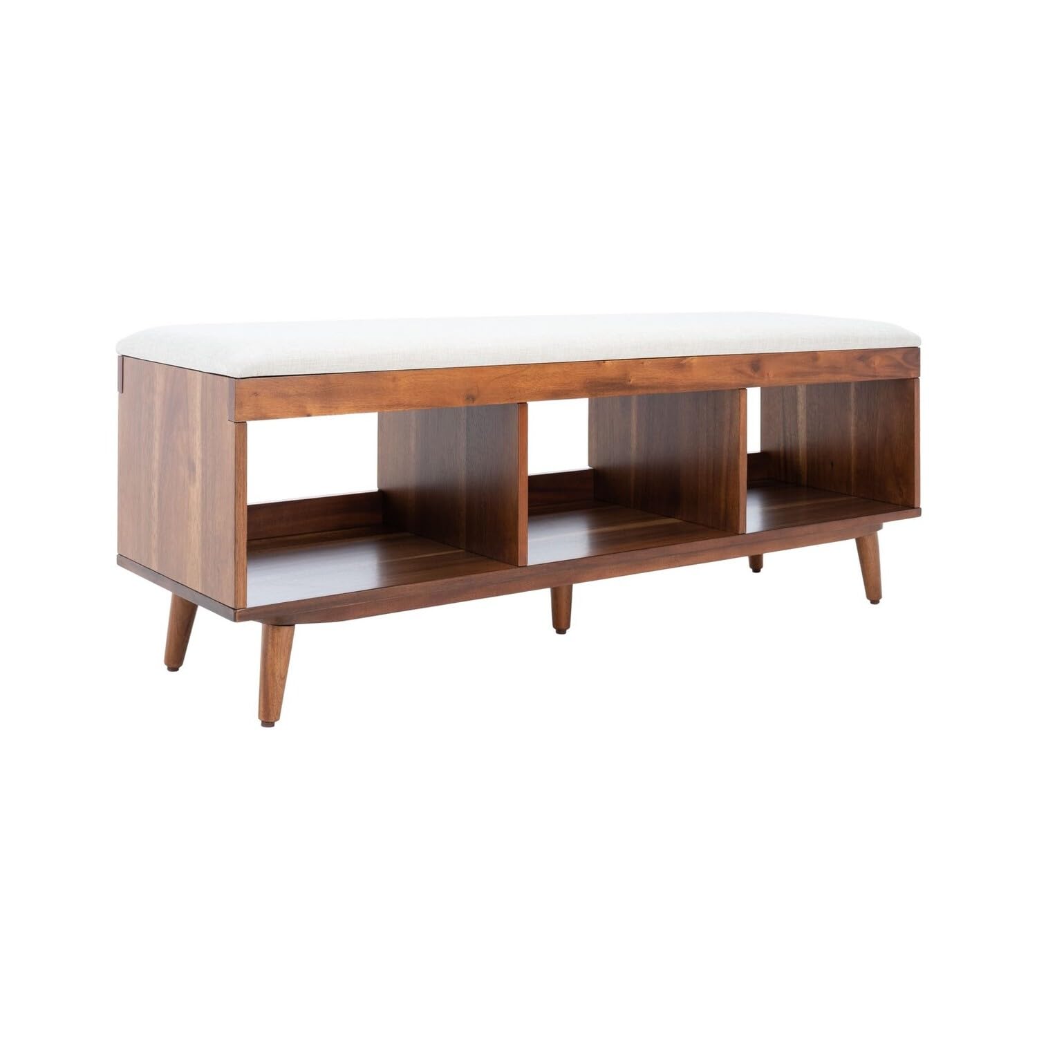 Safavieh Cricket Linen Cushion Acacia Wood Storage Bench - Rectangle Open Shelf Design, Cream/Natural - Perfect for Entryway, Bedroom or Living Room Seating & Storage