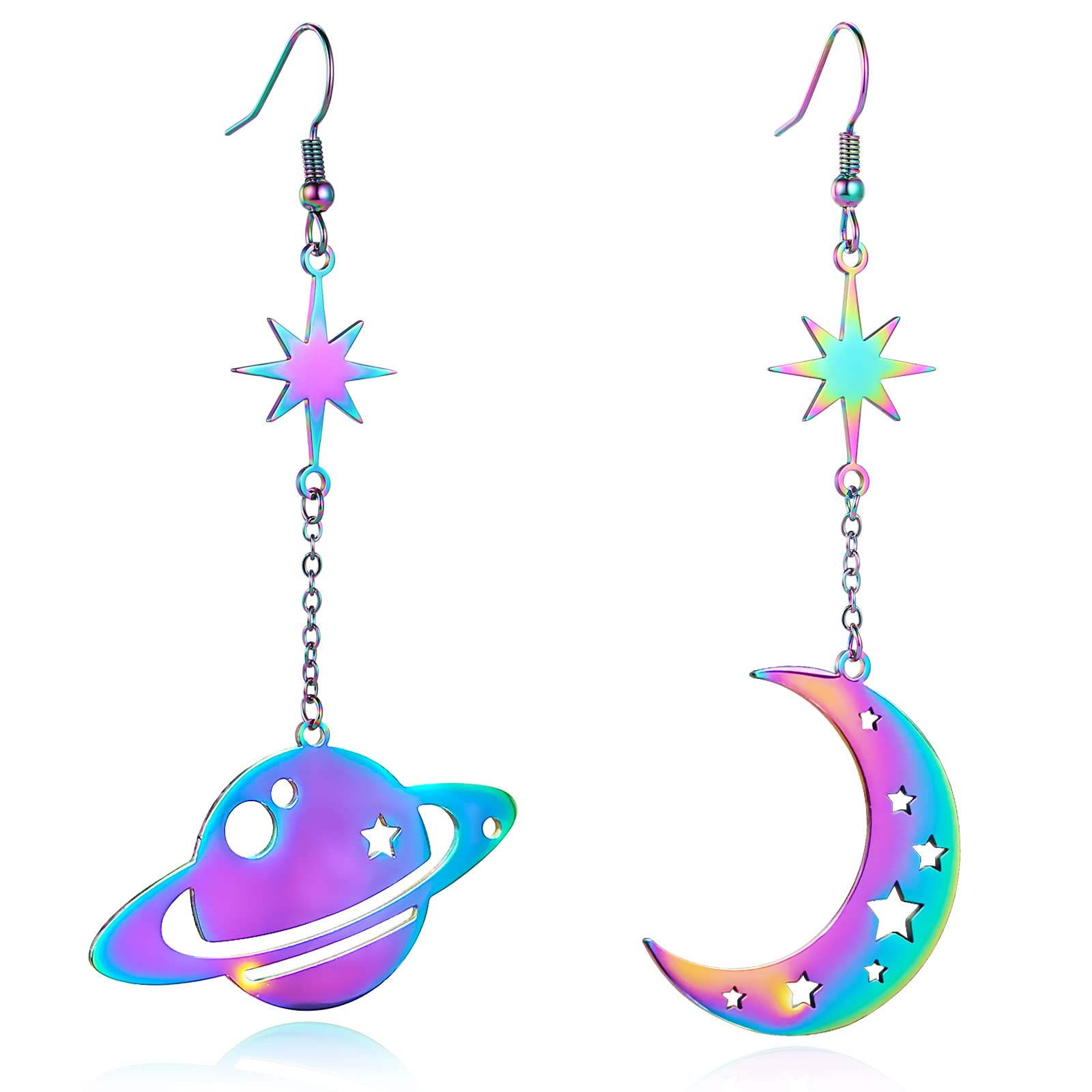 REELMAR Asymmetrical Celestial Moon Star Saturn Dangle Earrings for Women - Elegant Crescent Moon & Planet Drop Earrings - Mysterious Space-Themed Statement Jewelry for Parties, Date Nights & Special Occasions